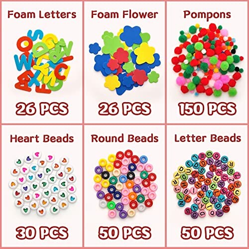 Verschillende knutselmaterialen zoals schuimletters, schuimbloemen, pompons, hartkralen, ronde kralen en letterkralen.